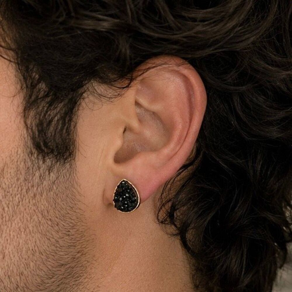 Black Galaxy Faux Druzy Stud Earrings Teardrop Raw Edge